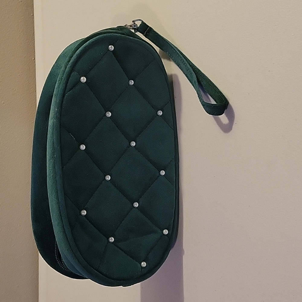 Velvet Green Pearl Cosmetic Bag Makeup Bag Handbag Clutch Wristlet Purse
